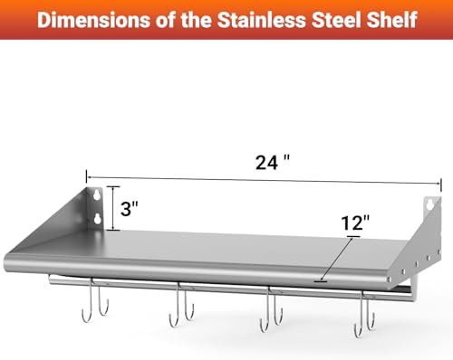 Skyflame 12x24 Inch Stainless Steel Wall Shelf with 4 Hooks