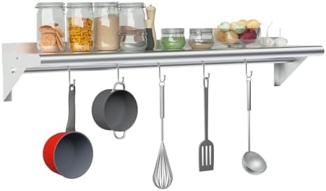 Treshin Heavy Duty Stainless Steel Shelf with 5 Hooks 12x48 Inches