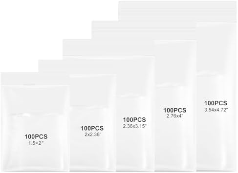 500 Pcs Small Clear Plastic Zip Bags with 5 Sizes and Sticker Tags