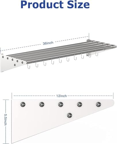 Stainless Steel Floating Shelf with 10 Hooks and Backsplash