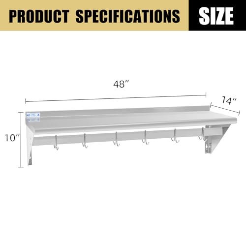 HALLY Stainless Steel Shelf with 6 Hooks 14x48 Wall Mount Pot Rack
