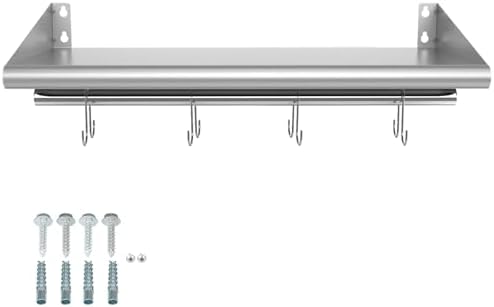Skyflame 12x24 Inch Stainless Steel Wall Shelf with 4 Hooks