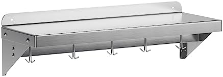 12 Inch x 24 Inch NSF Certified Stainless Steel Wall Mount Shelf with 5 Hooks
