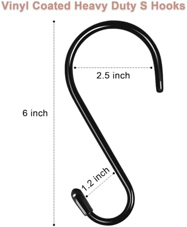 6 Pack Heavy Duty S Hooks with Vinyl Coating 6 Inch S Hooks for Hanging Kitchen Pans Clothes Bags Plants Hats Black