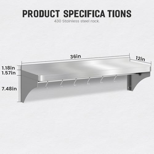 VENFAN 12x36 Stainless Steel Wall Shelf