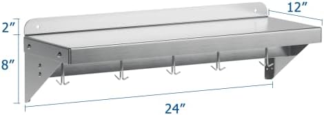 12 Inch x 24 Inch NSF Certified Stainless Steel Wall Mount Shelf with 5 Hooks