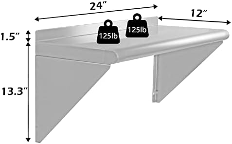 12x24 Wall Mounted Stainless Steel Shelf for Kitchen and Restaurant