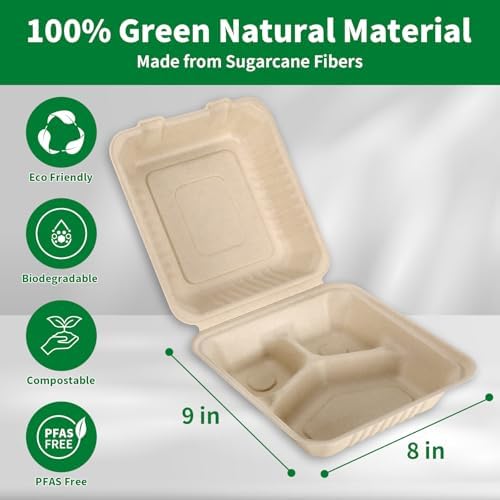 Aricsen 3 Compartment Clamshell Takeout Containers 8x9 Inch 100 Pack