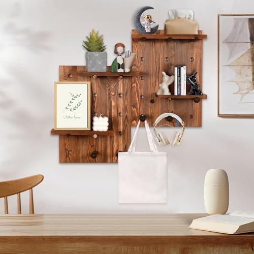 Serene Plum Perforated Wood Pegboard Wall Shelf 2 Sets Charcoal-Grilled Color