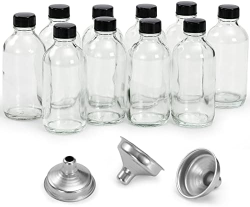 10 Pack 4 oz Clear Glass Bottles with Lids and 3 Funnels - Leakproof Travel and Sample Bottles for Liquids
