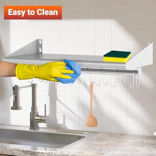 Skyflame Stainless Steel Floating Shelving with 8 Hooks