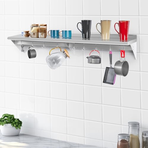 HALLY Stainless Steel Shelf with 6 Hooks 14x48 Wall Mount Pot Rack