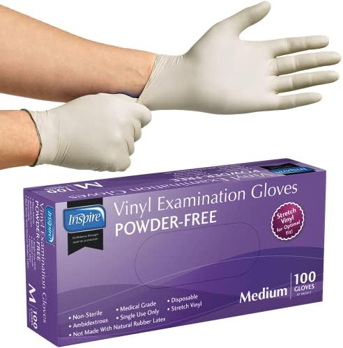 Inspire Exam Grade Vinyl Gloves Medium 100 Count White