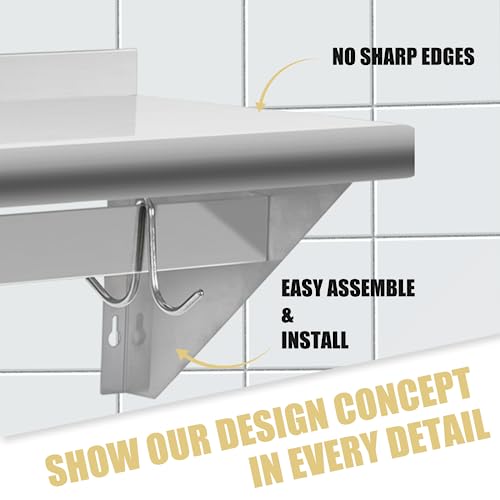 HALLY Stainless Steel Shelf with 6 Hooks 14x48 Wall Mount Pot Rack