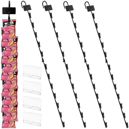 Hanging Chip Display Rack with 12 Clips - 4 Pack Black with Headers