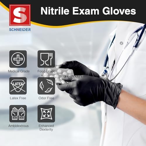 Schneider Nitrile Exam Gloves Latex Free Powder Free Black Disposable Gloves for Medical and Food Prep