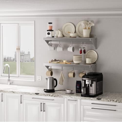 12 Inch x 24 Inch NSF Certified Stainless Steel Wall Mount Shelf with 5 Hooks