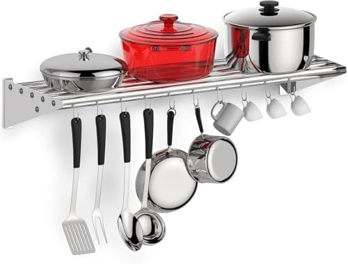 Stainless Steel Floating Shelf with 10 Hooks and Backsplash