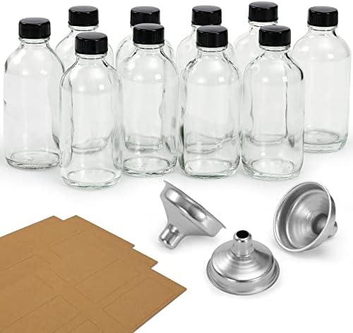 10 Pack 4 oz Clear Glass Bottles with Lids and 3 Funnels - Leakproof Travel and Sample Bottles for Liquids