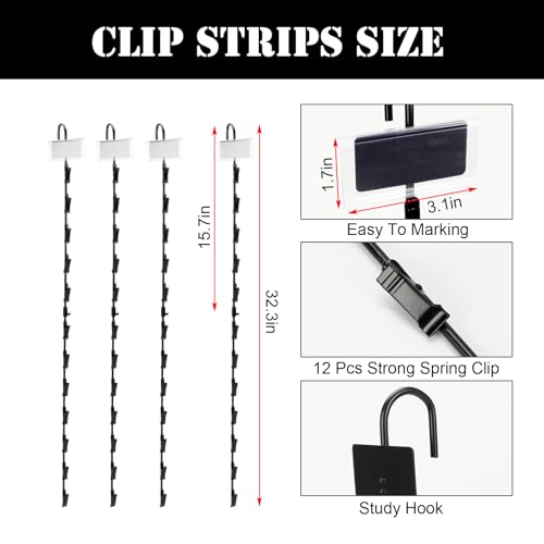 4 Pack Hanging Merchandise Strips with Hooks and Clips Black