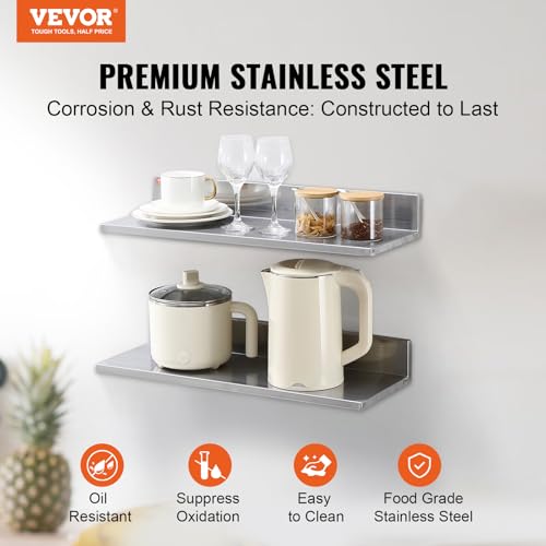 VEVOR 86 x 24 Inch 2 Pack Stainless Steel Wall Mounted Shelving with Backsplash