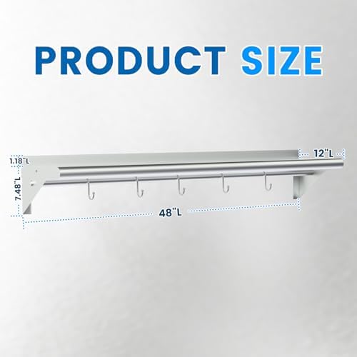 Treshin Heavy Duty Stainless Steel Shelf with 5 Hooks 12x48 Inches
