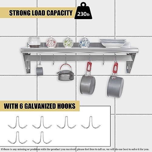 HALLY Stainless Steel Shelf with 6 Hooks Wall Mounted Pot Rack 12x36 Inches
