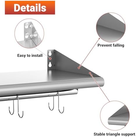 Skyflame Stainless Steel Floating Shelving with 8 Hooks