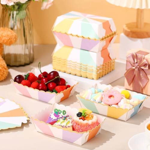 30 Pcs Pastel Striped Food Trays with Gold Foil Edge