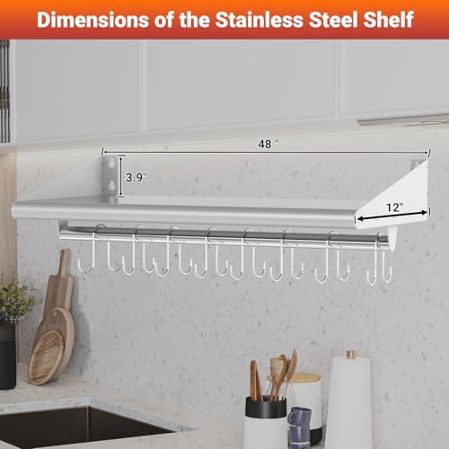 Skyflame Stainless Steel Floating Shelving with 8 Hooks
