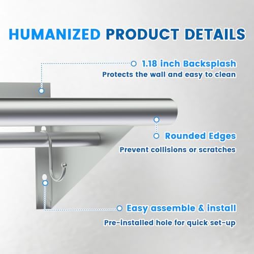 Treshin Heavy Duty Stainless Steel Shelf with 5 Hooks 12x48 Inches
