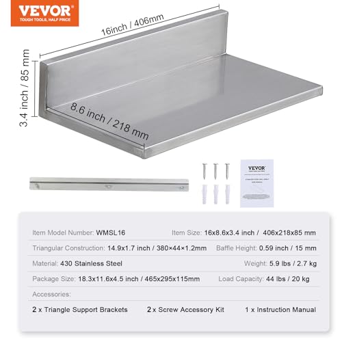 VEVOR Stainless Steel Wall Shelf 2 Pack 44 lbs Capacity