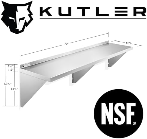 KUTLER Stainless Steel Shelf 18x72 NSF Commercial Wall Mount