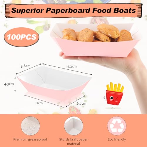 Yinkin 100 Pcs Light Pink Food Trays Boat 2lb Disposable Nacho Trays Kraft Paper Boat for Tacos Party Supplies