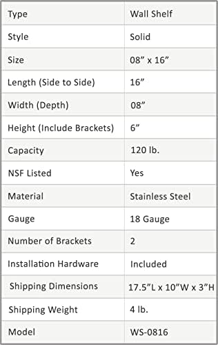 AmGood 8 X 16 Stainless Steel Wall Shelf NSF Certified