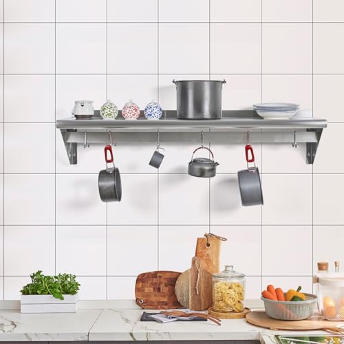 HALLY Stainless Steel Shelf with 6 Hooks 14x48 Wall Mount Pot Rack