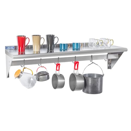 HALLY Stainless Steel Shelf with 6 Hooks 14x48 Wall Mount Pot Rack