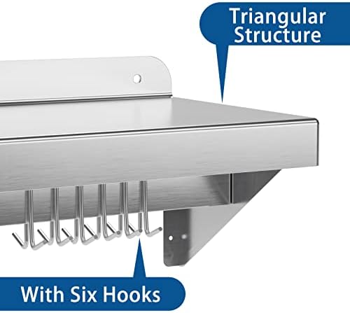 12 Inch x 24 Inch NSF Certified Stainless Steel Wall Mount Shelf with 5 Hooks