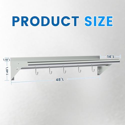 Treshin Stainless Steel Shelf with 5 Hooks 14x48 Inches