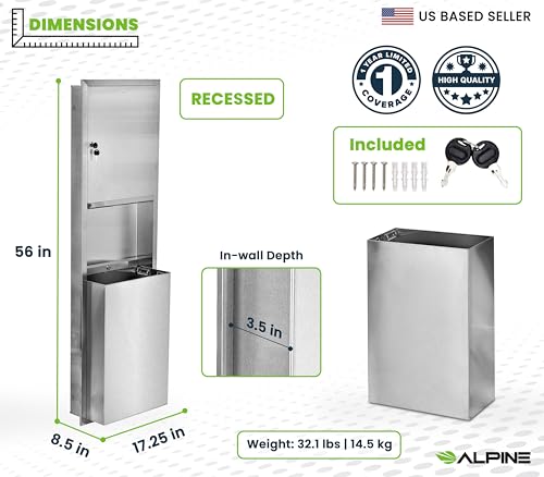 Alpine Recessed Paper Towel Dispenser with 12 Gallon Trash Can Stainless Steel