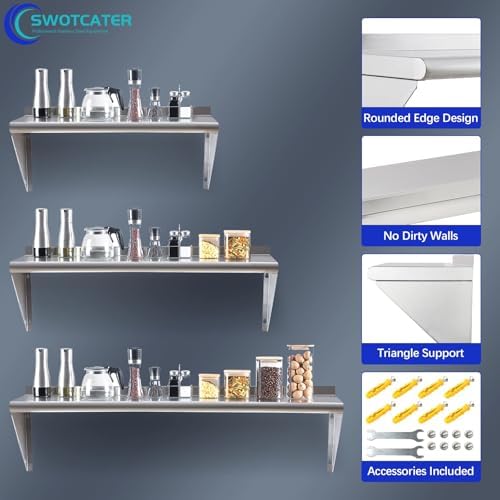 Stainless Steel Shelf 12x36 Inch Heavy Duty Wall Mount Storage Rack