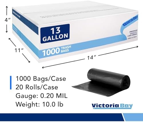 VicBay 13 Gallon Black Trash Bags 1000 Ct Can Liners