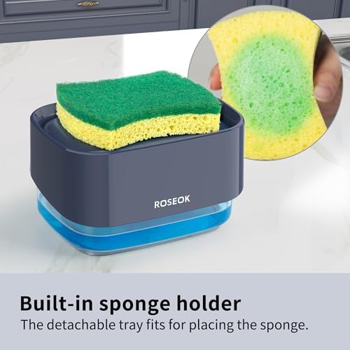 ROSEOK Dish Soap Dispenser with Sponge Holder 17 Ounces Navy Blue