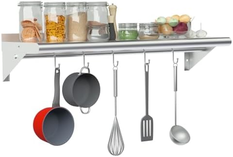Treshin Stainless Steel Shelf with 5 Hooks 14x48 Inches