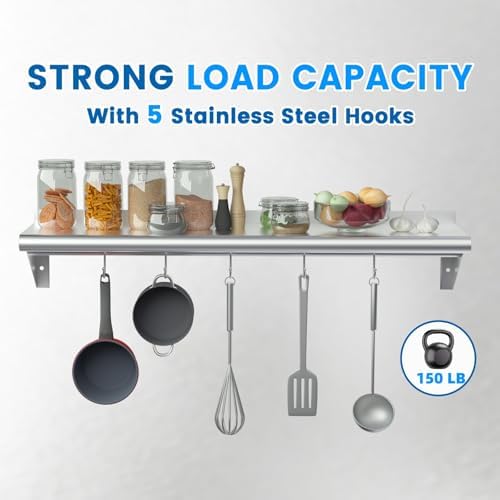 Treshin Stainless Steel Shelf with 5 Hooks 14x48 Inches