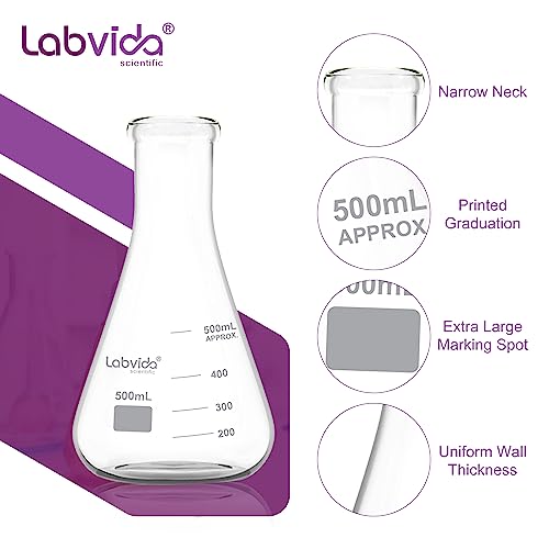 6PCS Narrow Mouth 500ml Erlenmeyer Flasks with Borosilicate Graduation