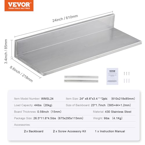 VEVOR 86 x 24 Inch 2 Pack Stainless Steel Wall Mounted Shelving with Backsplash