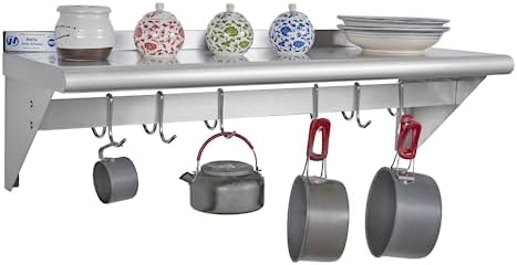 HALLY Stainless Steel Shelf with 6 Hooks Wall Mounted Pot Rack 12x36 Inches