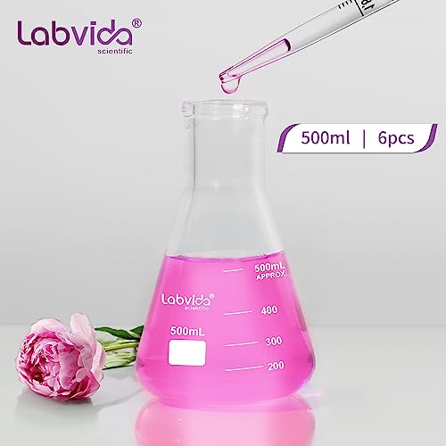 6PCS Narrow Mouth 500ml Erlenmeyer Flasks with Borosilicate Graduation