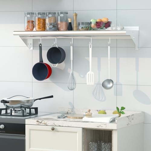 Treshin Heavy Duty Stainless Steel Shelf with 5 Hooks 12x48 Inches